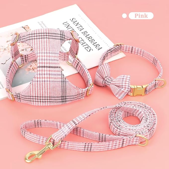 Beirui Cute Small Dog Harness Collar and Leash Set with Bowtie, Soft Adjustable Plaid Puppy Harness for Small Sized Dogs Cats Walks Parties and Photoshoots(Pink,S:Chest 17-23")