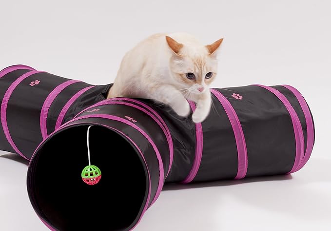 Cat Tunnel - Collapsible 3 Way Play Toy - Interactive Tube Toys for Rabbits, Kittens, and Dogs - Black/Pink