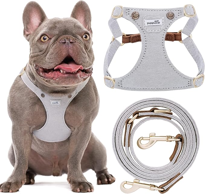 Puppytie No Pull Dog Harness with Multifunction Dog Leash,Soft Adjustable No Choke Escape Proof Pet Harness Vest for Medium Dogs,Denim Gray,M