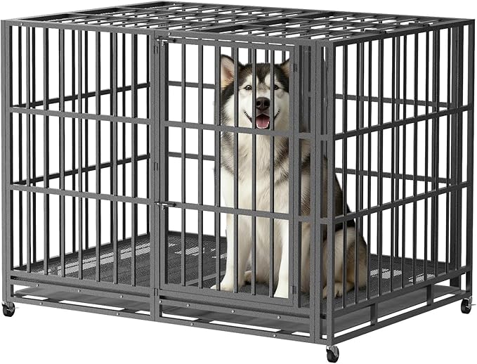 Heavy Duty Indestructible Dog Crate 54in with Removable Trays, Escape-Proof Double Door for High Anxiety Dog, Kennel with Lockable Wheels for Medium Large XL XXL Dogs