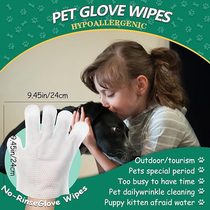 Pet Cleaning and Deodorizing Bathing Grooming Glove Wipes for Dogs and Cats, Extra Thick Nourish Fur No-Rinse Grooming Wipes for Daily Care and Travel, Hypoallergenic, 10 pcs
