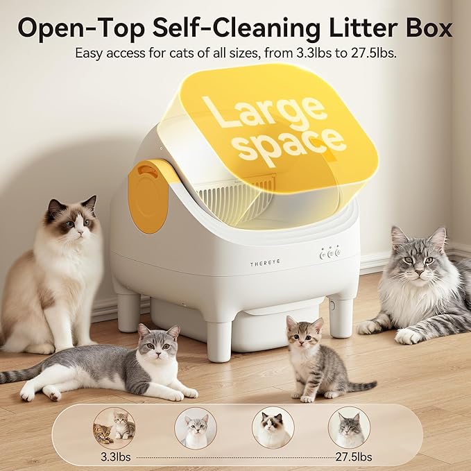 Thereye Self Cleaning Cat Litter Box, Open-Top Automatic Litter Box with Smart App and Safety Sensors, Large Auto Litter Box for Multiple Cats, 10L Waste Bin with Odor Control, Includes Trash Bag