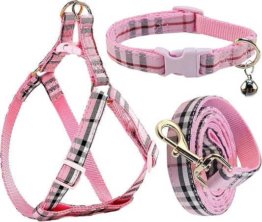 Cute Plaid Dog Collar Harness and Leash with Safety Buckle - Adjustable and No Pull Comfortable Dog Collars for Small Puppy, Stylish Durable Gift for Boy Girl Pets