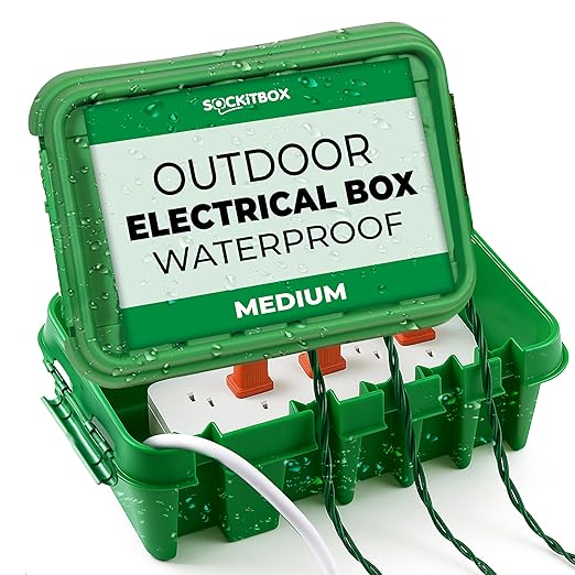 SockitBox – The Original Weatherproof Connection Box – Indoor & Outdoor Electrical Power Cord Enclosure for Timers, Extension Cables, Transformers, Power Strips, Lights, Tools & More – Medium – Green