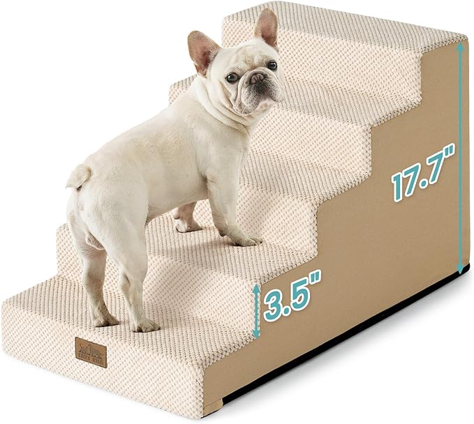 Dog Stairs for Small Dogs 17.7" H, 5-Step Gentle Incline Pet Step for Couch and Beds, Right-Angle Dog Ramp for Puppy Doggie Senior Cats, 17.7x29.5x17.7 Inch, Beige