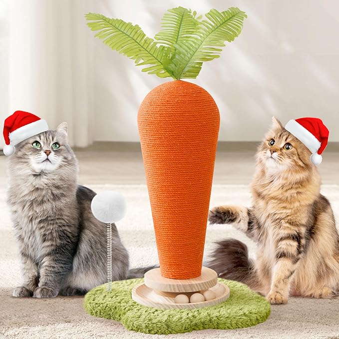 Cute Cat Scratching Post, Carrot Cat Scratcher Post with Durable Natural Wooden Turntable Toy and Catnip, 24'‘ H Carrot Shape Design Sisal Cat Tree Sisal Scratcher for Indoor Cats (Cloud Base)