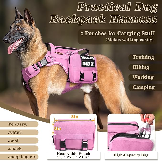 Service Dog Vest with Pockets,Large Dog Harness and Removable Backpack for Training Hiking,Pet Vest with Handle&Molle System for Patches,Pink L
