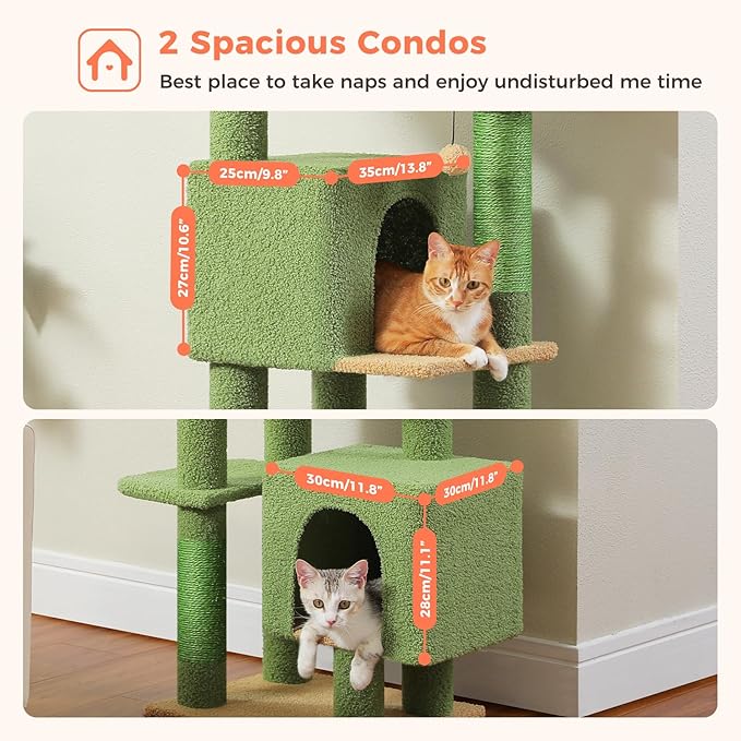 Cactus Cat Tree, 52.4 Inch Multi-Level Cat Tower for Indoor Cats with Dual Padded Top Perches, 2 Condos & Scratching Posts, Plush Cat Furniture for Kittens and Medium Cats, Green