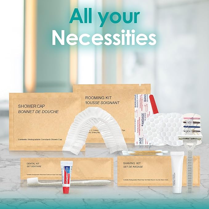 World Amenities Kraft Paper Grooming Kit - Travel Size Toiletries - Cotton Rounds, Bamboo Cotton Tips, Sewing Kit, Emery Board (25 Pack)