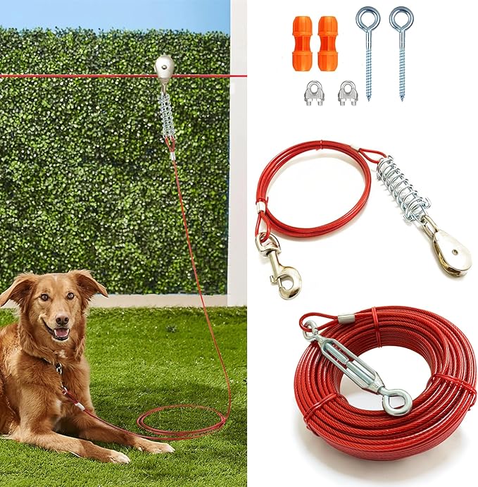 Heavy Duty Aerial Dog Tie Out Trolley System for Small to Large - Dog Run Cable 100ft /75ft Zipline with 10ft Runner Cable Great for Yard Camping Outdoor (Red, 75 ft for one up to 200 lbs)