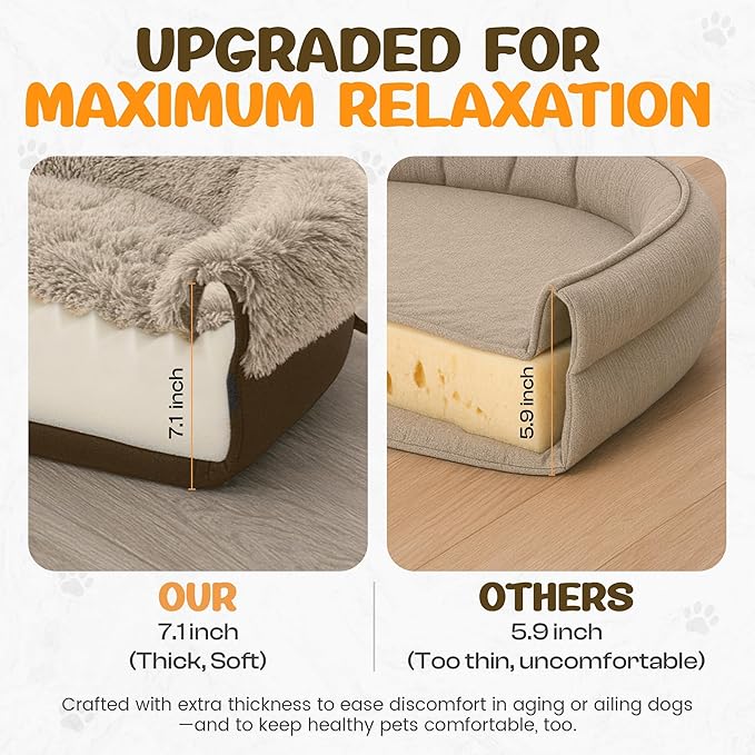 Fluffy Orthopedic Dog Bed for Small & Medium Dogs, Calming Plush Sofa Bed with Curved Bolster Support and Egg-Crate Foam Base, 35" Cozy Oval Pet Donut Bed with Washable Cover, Coffee
