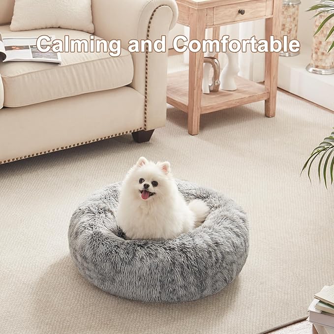 23 inches Donut Dog Bed for Small Dogs - Calming Washable Round Puppy Bed with Removable Cover, Fluffy Plush Pet Bed for Cats & Dogs, Fits up to 25 lbs Pets (Dark Grey,Small)