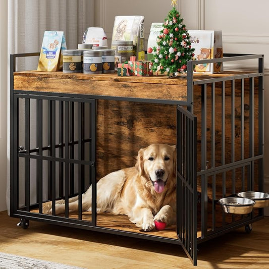 43 Inch Dog Crate Furniture, Heavy Duty Dog Kennel with 3 Doors, 2 Adjustable Bowls and Lockable Wheels, Wooden Dog House for Large Dogs, End Table Dog Cage, Rustic Brown