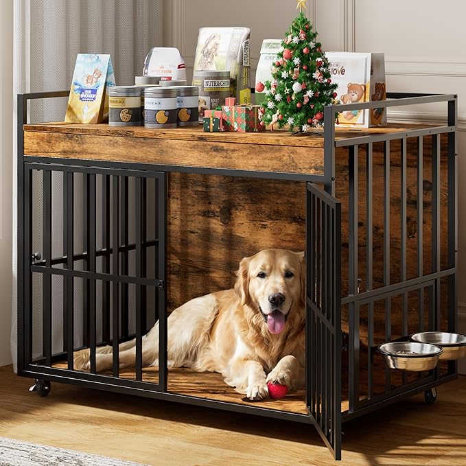 43 Inch Dog Crate Furniture, Heavy Duty Dog Kennel with 3 Doors, 2 Adjustable Bowls and Lockable Wheels, Wooden Dog House for Large Dogs, End Table Dog Cage, Rustic Brown