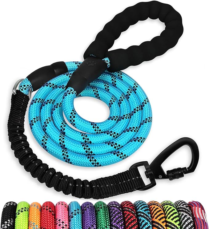 Rope Dog Leash 5 FT: Heavy Duty Leashes with Swivel Lockable Hook Reflective Threads Bungee and Padded Handle - Dog Lead for Large Small Medium Dogs Outside Walking Hiking Blue