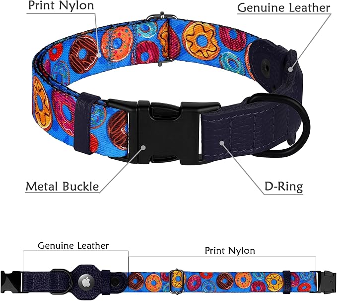 AirTag Dog Collar with Metal Buckle - Printed Nylon Soft Leather Dog Collar with Apple AirTag Holder - Secure Tracking GPS Pet Collars for Girl Boy Small Large Dogs (L, 17"-21" Neck Fit, Donuts)