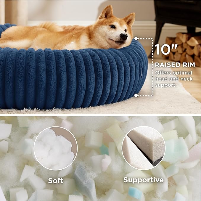 Bedsure Donut Large Dog Bed - Washable Faux Fur, Corduroy Fleece & Anti Slip Bottom, Round Pet Beds with Removable Cover, Night Blue, 36x36x8 inches