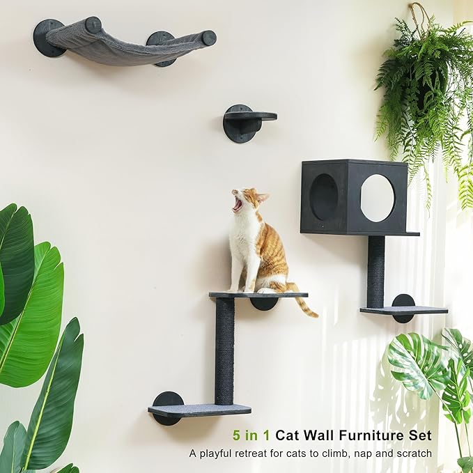 FUKUMARU Cat Wall Shelves, 5-Piece Stable Wooden Wall-Mounted Furniture Set, Kitty Climber with Hammock, House, Steps, Scratching Post (Black)