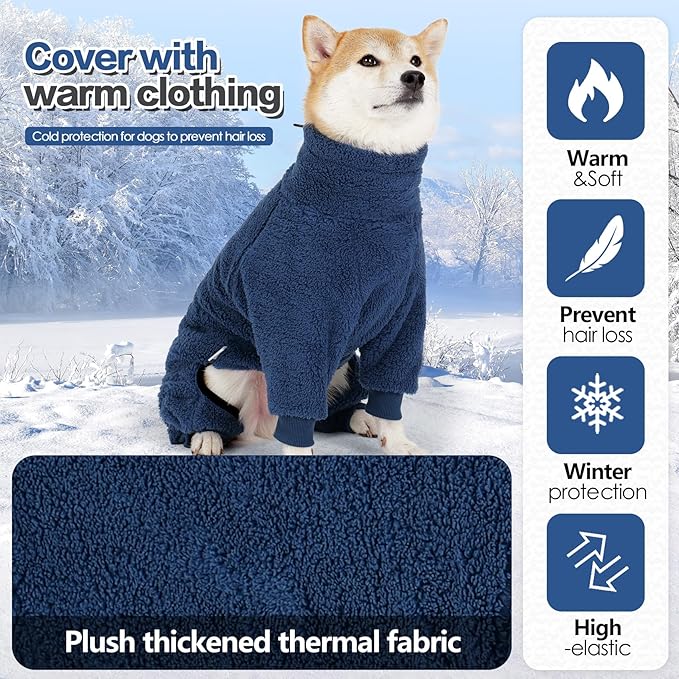 Dog Winter Coat, Warm Fleece Dog Jacket, Windproof Pullover Jumpsuit, Full Body Pajamas Onesie, Cold Weather Clothes for Medium Large Dog(2XL,NavyBlue)
