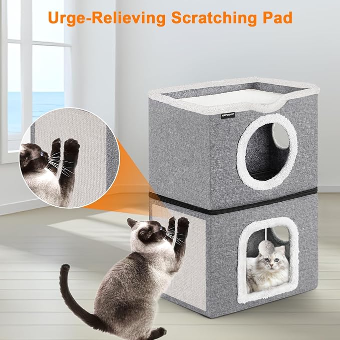 URPOWER 2 Story Cat Bed, Large Cat House for Indoor Cats Covered Cat Cave with Hideaway, Scratch Pad and Fluffy Ball, Foldable Cat Cube Condos Kitten Beds & Furniture for Multiple Small Pets