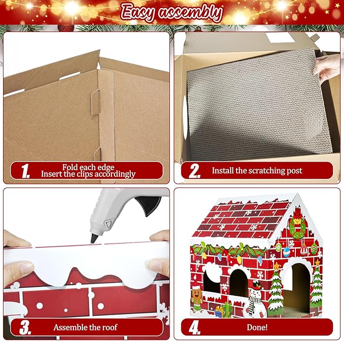 Cinrobiye Christmas Cardboard Cat House with Scratcher Pet Gingerbread Board Bed Cave Playhouse Hideaway Hideout Condo Decor Small Animals Scratch Box for Indoor Cats Kittens Rabbits Bunny (Red, 1)