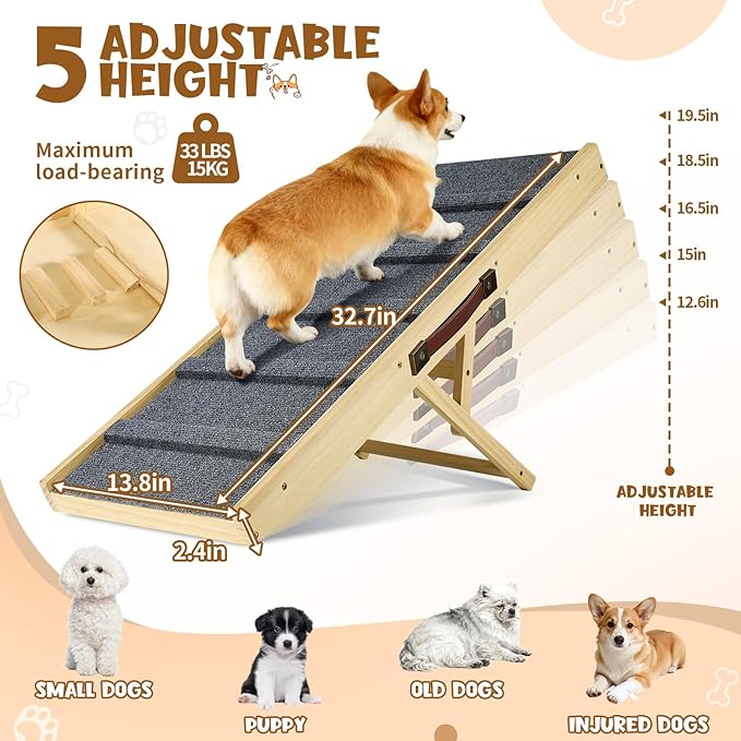 Upgraded Dog Ramp for Couch, Foldable Small Dog Pet Ramp for Low Bed, 5 Adjustable Height from 12'' to 20" Dog Stairs with Non-Slip Pad, 13.8" Wide Wooden Pet Steps for Dogs to Get on Bed Couch Car