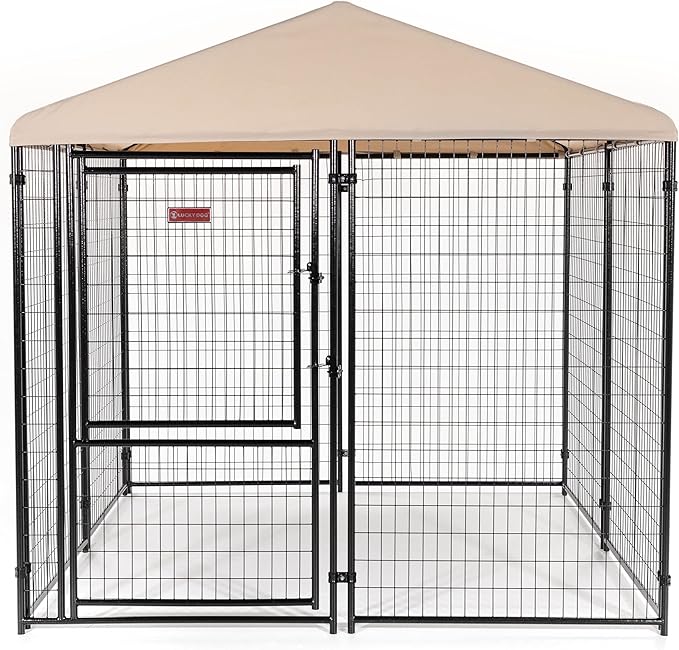 Lucky Dog Stay Series 8' x 8' x 6' Executive Black Powder Coat Steel Frame Large Outdoor Dog Kennel w/Waterproof Canopy Roof & Single Gate Door, Khaki