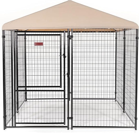 Lucky Dog Stay Series 8' x 8' x 6' Executive Black Powder Coat Steel Frame Large Outdoor Dog Kennel w/Waterproof Canopy Roof & Single Gate Door, Khaki