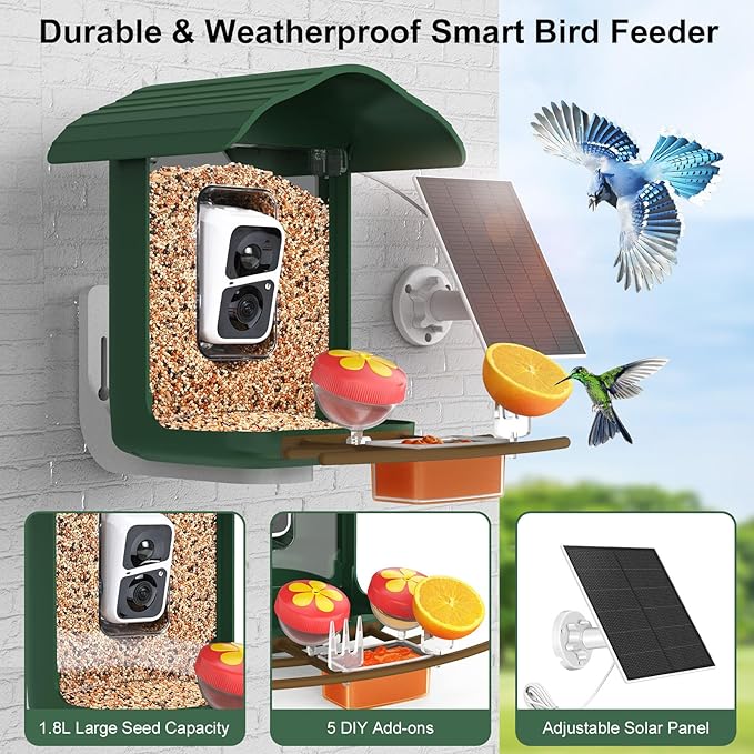birdsnap® PAV- Smart Bird Feeder with Camera Solar Powered, 64GB Card & 2K HD Record Video Bird Camera Live with 5 DIY Add-ons, AI Identify Auto Capture, Ideal Gift for Birds Lover
