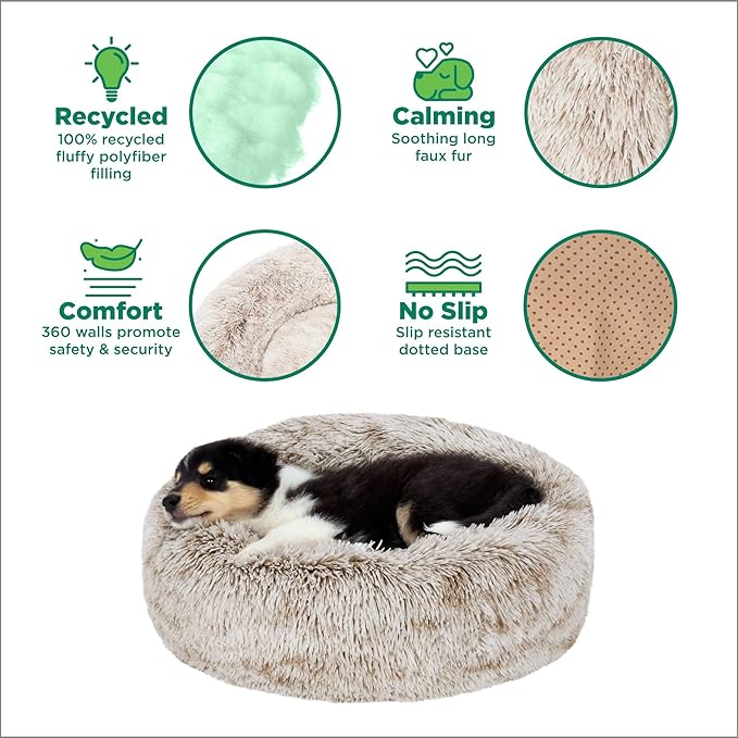 Furhaven 45" Round Calming Donut Dog Bed for Large Dogs, Refillable w/Removable Washable Cover, for Dogs Up to 90 lbs - Shaggy Plush Long Faux Fur Donut Bed - Driftwood Brown, Jumbo/XL