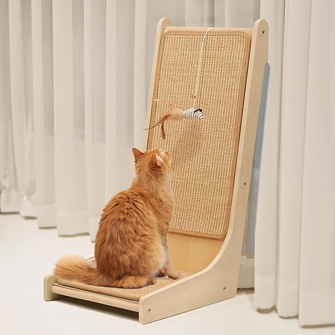 PETKARAY 105° Cat Scratcher, Sisal Kitty Scratch Pad, L Shape Scratching Board for Indoor Cats, Floor Mounted Scratcher with Mouse Toy Catnip