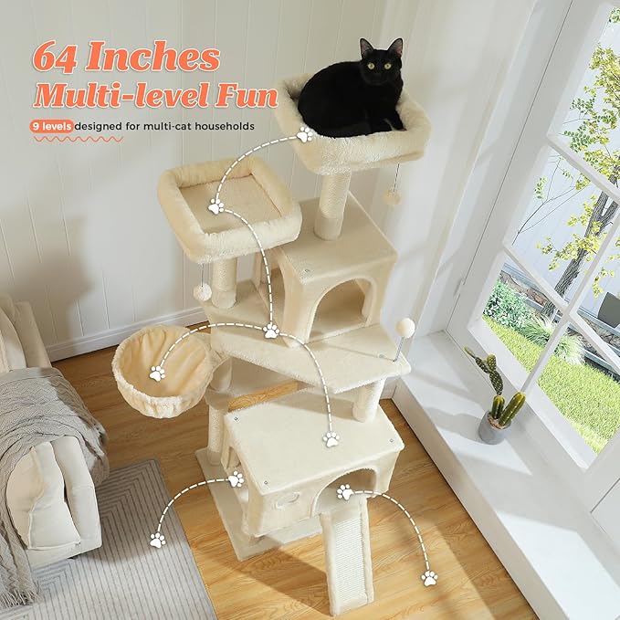 64-Inch Large Cat Tree for Indoor Cats, Multi-Level Tall Cat Tower with 2 Soft Top Perches, 2 Caves, 5 Sisal Scratching Posts, 2-in-1 Scratching Ramp, 1 Hammock & 3 Pompoms, Beige