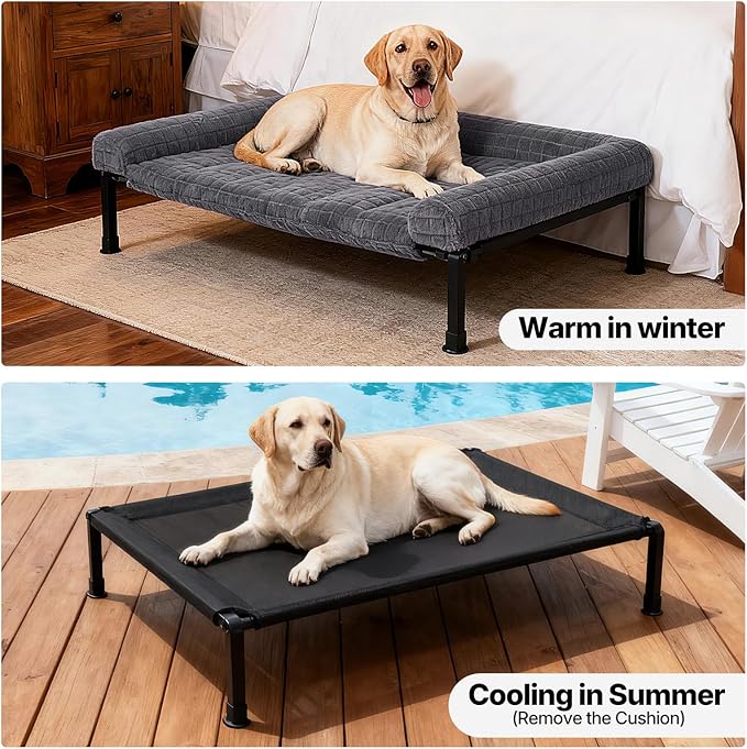 Veehoo Elevated Dog Bed Large Sized with Fluffy Plush Bolster Cushion, Washable Orthopedic Dog Couch Bed, Cooling Raised Pet Cot with Removable Mat, Breathable Mesh, No-Slip Feet, 42 x 30 inches, Grey