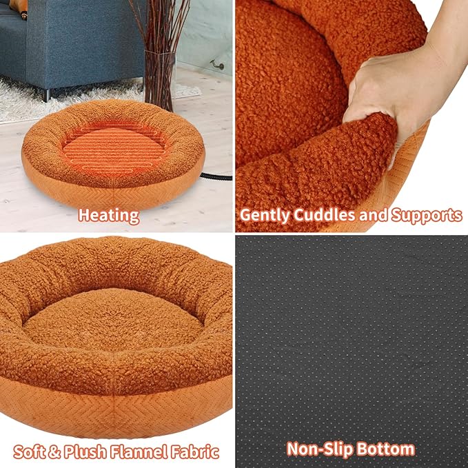 Heated Cat Beds for Indoor Cats Warming Cat Beds Super Soft Machine Washable Thermo Kitty Electric Heating Bed 19 Inches Round