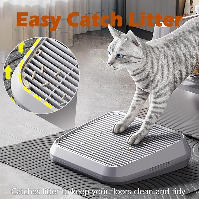 SpaceTime Elevated Cat Litter Mat for Litter Box,Trapping Litter Ramp/Steps for Floor Indoor,Washable Easy Cleaning Cat Pad with Filter Function,Suitable for Kitty & Senior Cats (Light Grey)