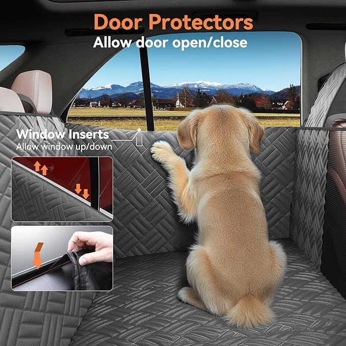 Dog Car Seat Cover for Back Seat- Heavy Duty Waterproof- Hard Bottom Backseat Extender Fits Sedan SUV & Small Truck, Full Coverage for Doors, Rear Seats & Front Headrests