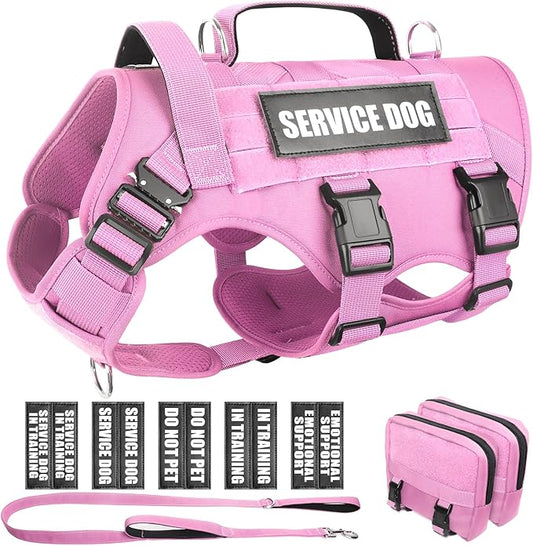 WINSEE Tactical Dog Harness with Dog Leash, Service Working MOLLE Vest with 10 Pet Patches for Dog, No Pull Military Harness and Backpack for Training Hunting Walking