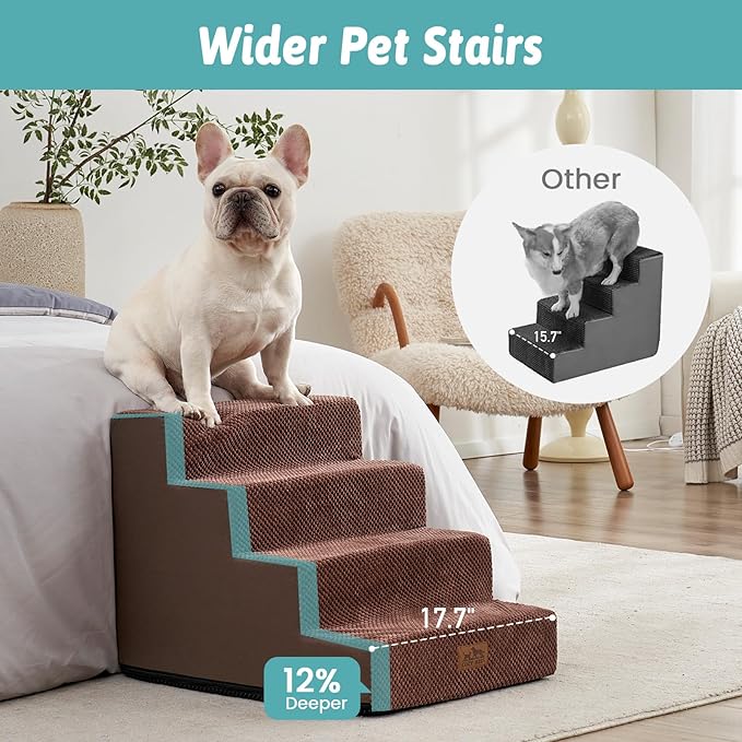 Dog Stairs for Small Dogs, 17.7" Extra Wide Right-Angle Pet Stairs for Couch and Beds, Anti-Slip Dog Steps for Old Cats and Lowrider, 17.7x23.6x17.7 inch, Brown