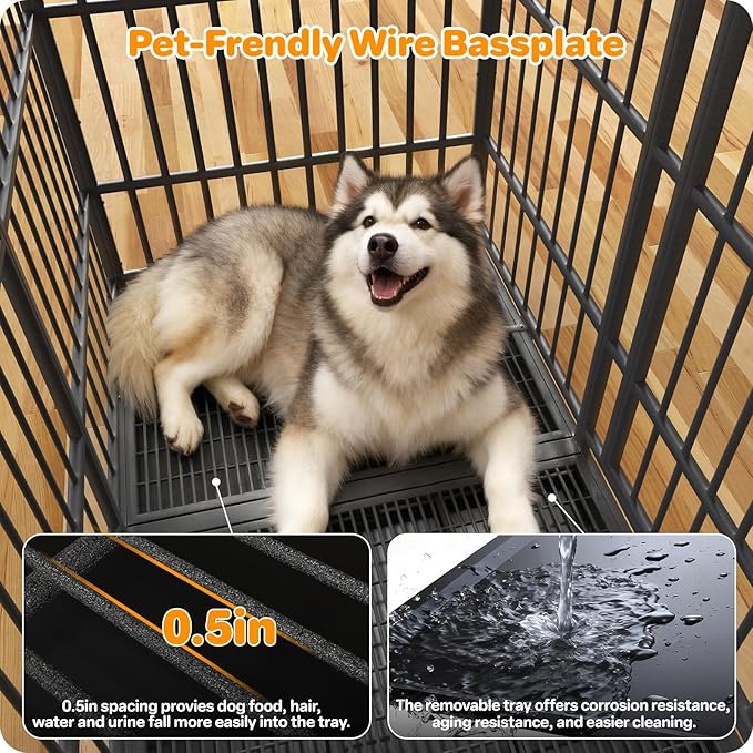 Heavy Duty Dog Crate 54 Inch, Indestructible Dog Crate with Removable Tray, Escape Proof & High Anxiety Dog Kennel Indoor, Metal Dog Cage with Wheels for Large Dogs, XL XXL XXXL