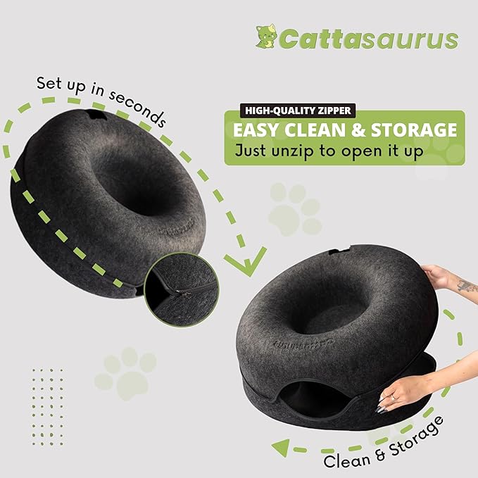 Cattasaurus Peekaboo Cat Cave Donut for Multiple & Large Cats up to 30-45 lbs, 3-in-1 Self Warming Cat Bed, Tunnel & Scratcher for Indoor Cats, Washable & Detachable (Light Gray + Dark Gray, Large)