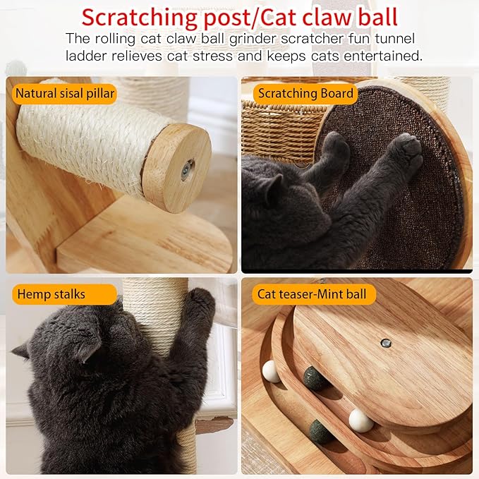 Modern Cat Tree, Cat TreeTower with Space Capsule, Hand-Woven Basket Nest, Sisal Posts & Scratching Board, 50 Inch Heavy-Duty Multi-Level Indoor Wood Tower