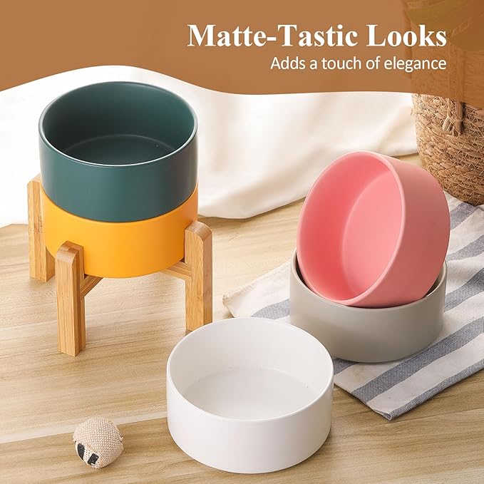 Ceramic Elevated Raised Cat Bowl with Wood Stand No Spill Pet Food Water Feeder Cats Small Dogs