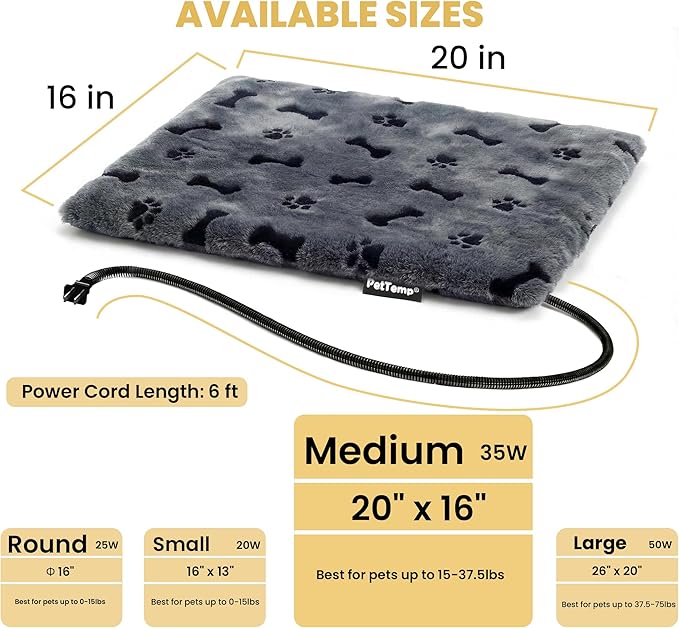 Heated Pet Pad for Dogs and Cats, Waterproof Heating Mat with Chew-Resistant Cord, Constant Warmth for Indoor & Covered Outdoor Use, Multiple Sizes and Colors (Grey, M: 20" × 16" × 1.3")