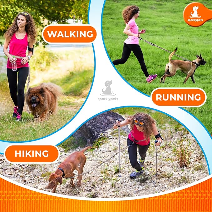 SparklyPets - Hands Free Dog Leash with Reflective Stitches - Waist Leash for Medium & Large Dogs Walking, Hiking, Training, Jogging, Canicross, Running