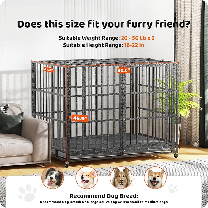 Heavy Duty Indestructible Dog Crate 60in with Removable Trays, Escape-Proof Double Door for High Anxiety Dog, Kennel with Lockable Wheels for Medium Large XL XXL Dogs