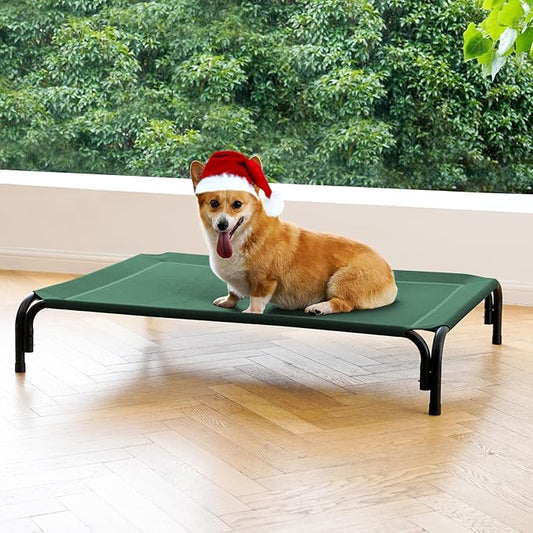 Elevated Dog Bed Raised Outdoor Dog Cot for Medium Dogs, Installation Requires No Tools, Frame with Washable Cooling Breathable Mesh Anti-Slip Feet, Indoor Pet Bed, Green, 35.4 Inches