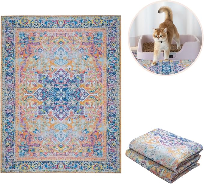Lovewag Cat Litter Mat 2 Pack - Large 36x48 Machine Washable Easy Clean Non-Slip Waterproof Trapping Mats for Cats - (Marmalade Sunshine)