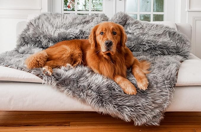 PAW BRANDS PupProtector Waterproof Throw Blanket for Dogs and Cats, Pet Blanket Cover for Couches, Sofas, Beds, Car Seats, Furniture, Calming Soft Faux Fur, Charcoal Grey, Large (80" L x 62" W)