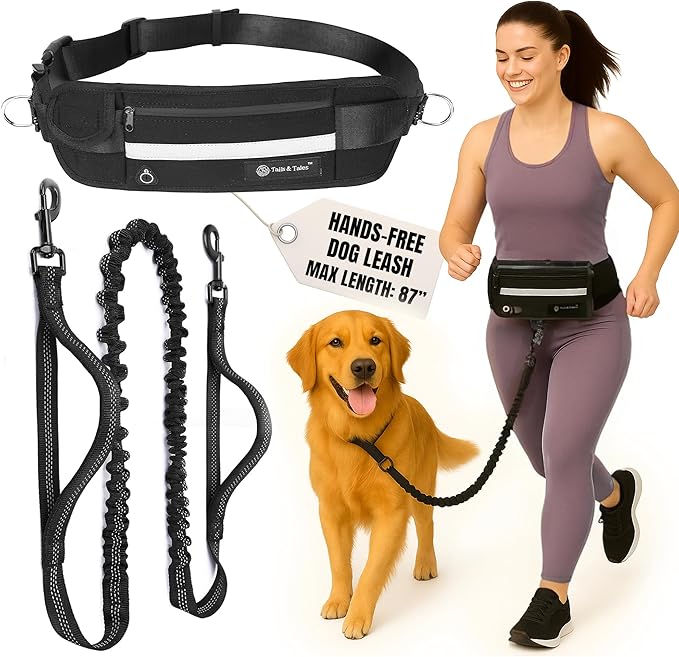 Tails & Tales Hands Free Dog Leash with Lightweight Waist Pouch for Walking Running Hiking, Adjustable Belt 25-45", Dual Padded Handles, Reflective Bungee Design for Small to Large 100lb Dogs (Black)