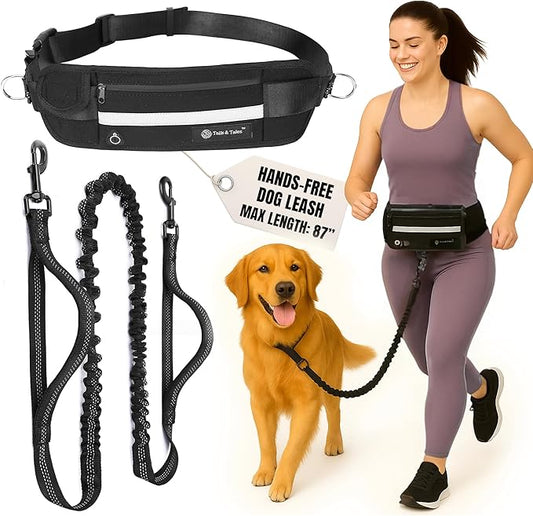 Tails & Tales Hands Free Dog Leash with Lightweight Waist Pouch for Walking Running Hiking, Adjustable Belt 25-45", Dual Padded Handles, Reflective Bungee Design for Small to Large 100lb Dogs (Black)